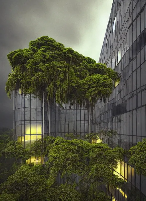 Image similar to “thunderstorm Amazon forest architecture building , the building is in a rainy forest , luxury architecture, architecture digest, building surrounded by dark clouds , mellow tones, fluorescent lighting,volumetric Lighting, photorealism, high detail, golden ratio, cinematic, octane renderer”