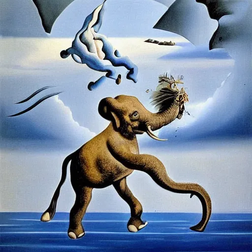 Prompt: a beautiful surrealist painting by salvador dali, I soar through the air, past an elephant and a table, until I reach a snow-covered landscape.