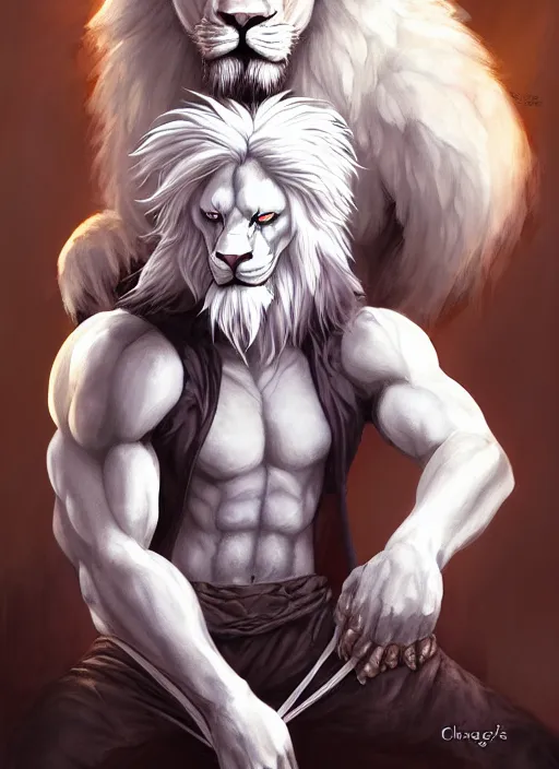 Image similar to aesthetic portrait commission of a of a male fully furry muscular anthro albino lion blindfolded in an asylumn horror art. Character design by charlie bowater, ross tran, artgerm, and makoto shinkai, detailed, inked, western comic book art, award winning film poster painting