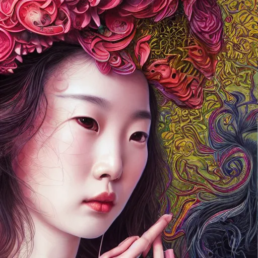 Image similar to portrait of liu yifei, hyper detailed masterpiece, neon floral pattern, jean giraud, digital art painting, darkwave goth aesthetic, psychedelic, artgerm, donato giancola and tom bagshaw