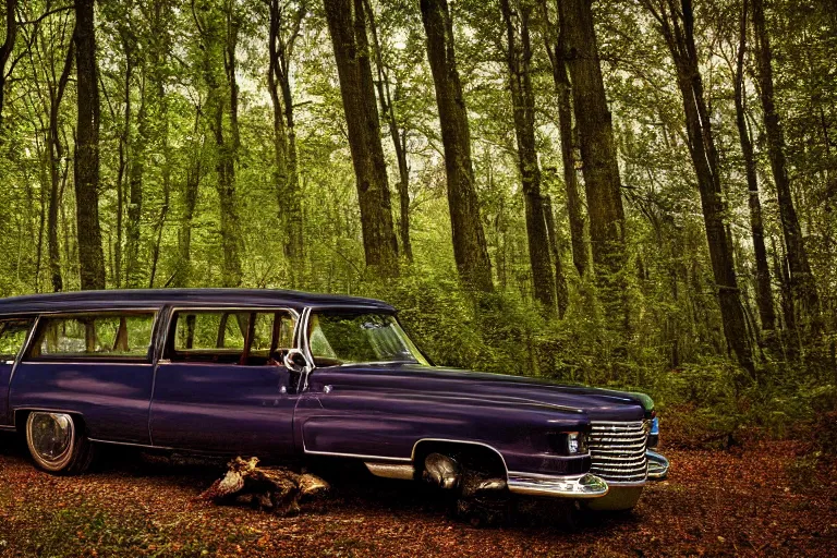 Image similar to a beautiful widescreen photo of a old cadillac upsidedown in a dark forest, mushrooms, in a dark forest low light, by dimitri mellos