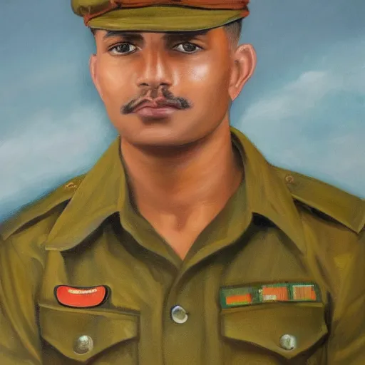 Prompt: detailed oil painting of a man in khaki army uniform. Portrait.
