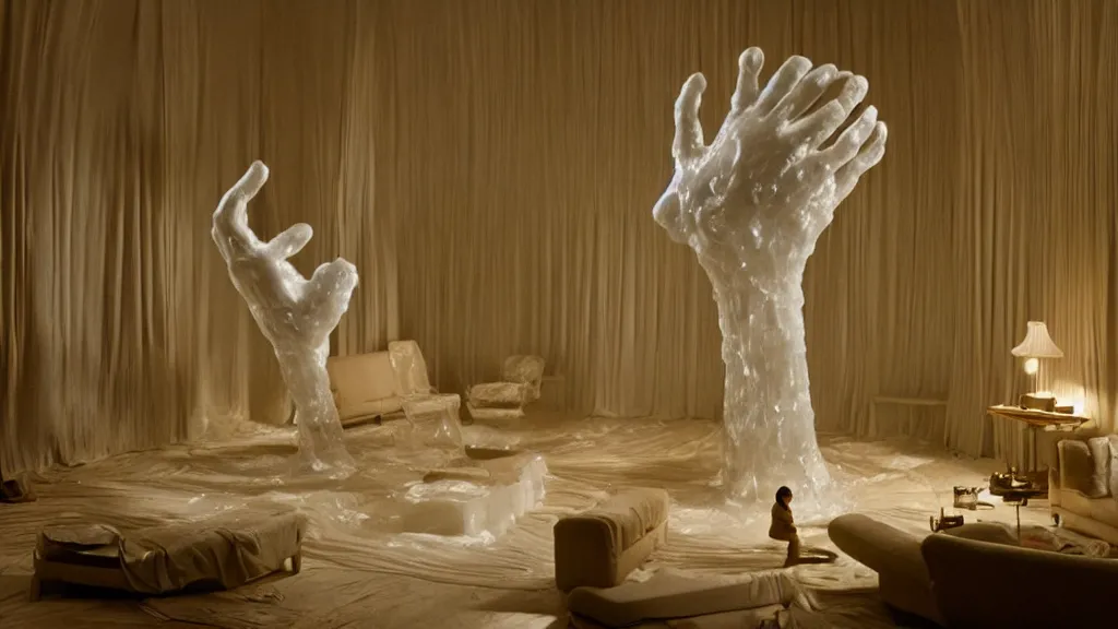 Image similar to a giant hand made of wax and water floats through the living room, film still from the movie directed by Denis Villeneuve with art direction by Salvador Dalí, wide lens