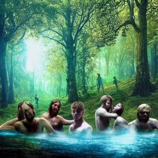 Prompt: greek gods, in forest, three eyed, wide wide shot, feet in water, colors, eyes in forehead, ground very detailed, wet eyes reflecting into eyes reflecting into infinity, beautiful lighting