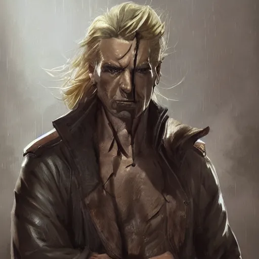 Image similar to portrait of a muscular, grim, ponytail haired blonde man in his late 30's, wearing a thick brown leather coat, looking to his side, half of the face scarred, hunter, DnD character, fantasy character, digital art by Ruan Jia, Krenz Cushart, Rossdraws and Boris Vallejo