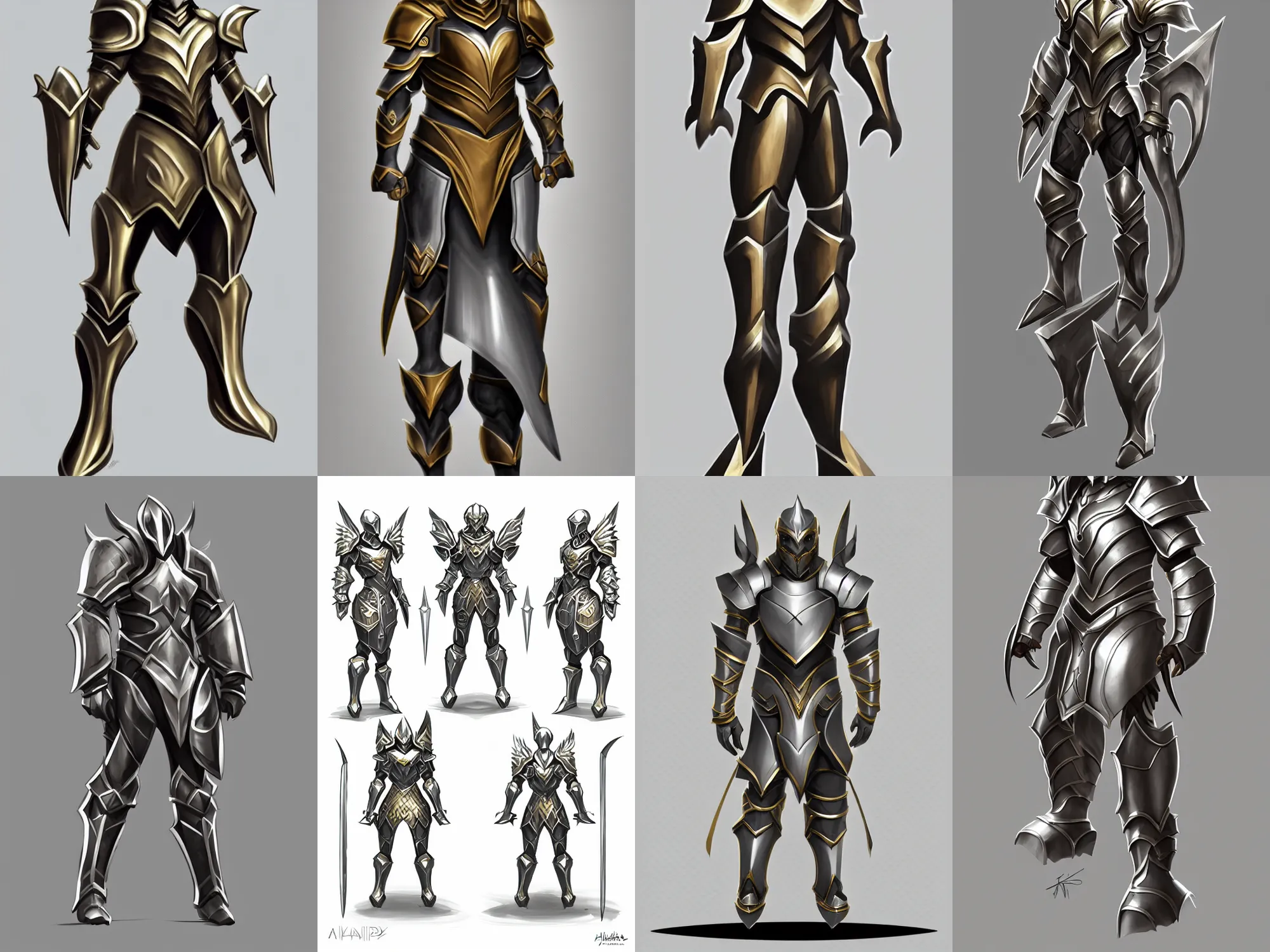 Prompt: minimalistic heavy fantasy armor, concept sketch, silver with gold trim, extremely polished, exaggerated proportions, flat shading, smooth, uncluttered, extremely clean, fantasy character portrait, professional concept art, front view, A-pose, full body