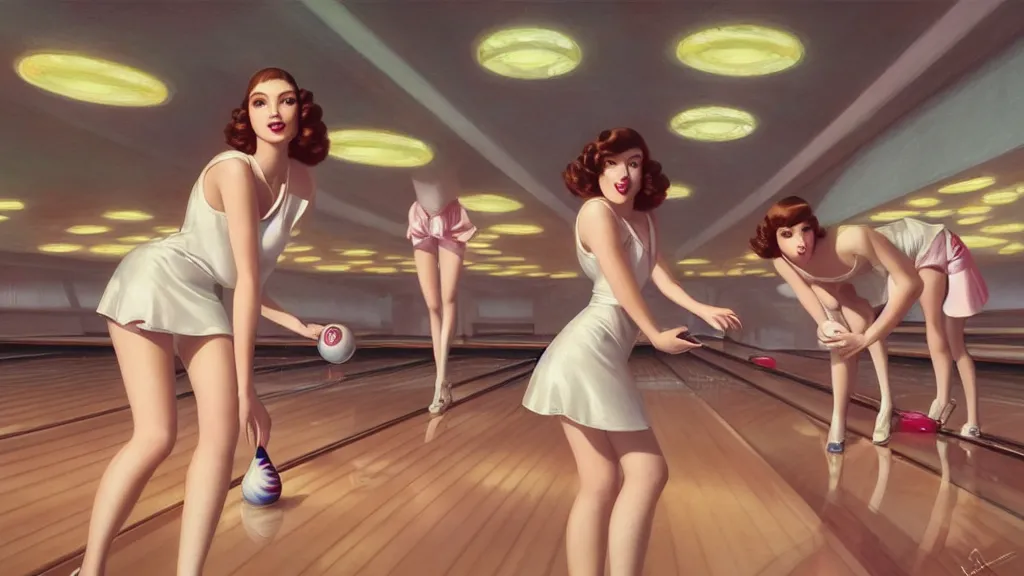 Image similar to photo of cute girls bowling, art deco bowling alley, ultra detail, photoreal, professionally retouched, soft moonlight lighting, shiny plastic miniskirt, realistic, smooth face, goddess, luscious lips, perfect eyes, wide angle, sharp focus on eyes, 8 k high definition, insanely detailed, intricate, elegant, art by artgerm and wlop