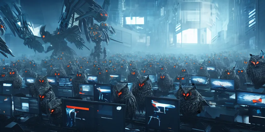 Image similar to an army of evil, malevolent, giant cyborg owls surrounded by computers and computer screens. this 4 k hd image is trending on artstation, featured on behance, well - rendered, extra crisp, features intricate detail and the style of unreal engine. volumetric lighting octane render