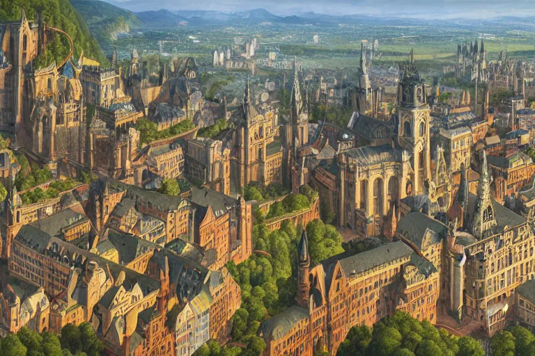 Image similar to an ultra detailed matte landscape painting of an german renaissance capital city built on top of a large hill with many tall spirally towers, sweeping vista, german renaissance architecture, ultrawide lens, aerial photography, 8 k, volumetric lighting, smooth, highly detailed, digital illustration, art by greg rutkowski and akira toriyama and artgerm