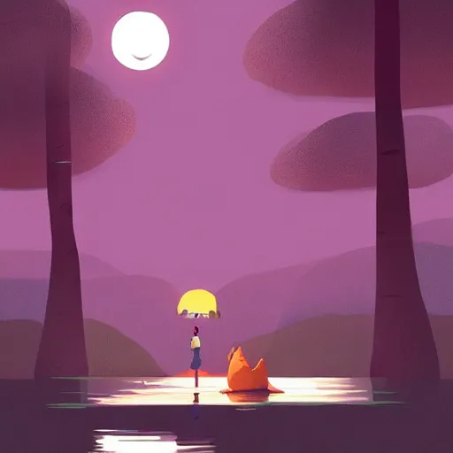 Prompt: cute dino in lake under big full moon, painting by Goro Fujita and pascal campion, sharp focus, highly detailed, ArtStation, simple shapes,great lighting