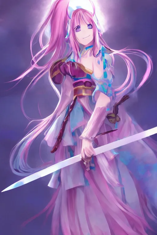 Image similar to an anime girl warrior princess holding a sword, candy pastel, backlighting, trending on pixiv, digital art, by kawacy