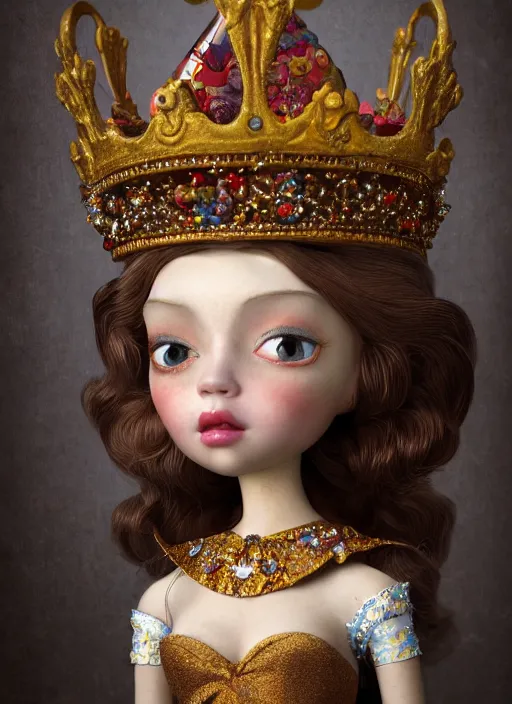 Prompt: closeup portrait of tin toy fairytale princess wearing a crown, depth of field, zeiss lens, detailed, symmetrical, centered, fashion photoshoot, by ray caesar, nicoletta ceccoli, mark ryden, lostfish, breathtaking, 8 k resolution, extremely detailed, beautiful, establishing shot, artistic, hyperrealistic, octane render