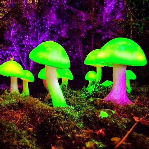 Prompt: overgrown forest, phosphorescent mushroom glowing in the dark, bright colors, sylvan aesthetic