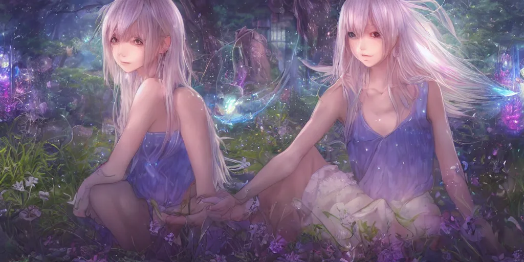 Image similar to final fantasy key visual of a pretty girl with blue flowing hair, wearing a short skirt and a crop top, meditating in a magical fantasy garden at night, moonlight, fireflies glowing, lofi feel, magical, highly detailed, digital art, artstation, smooth, hard focus, illustration, art by artgerm - in the style of final fantasy and studio ghibli