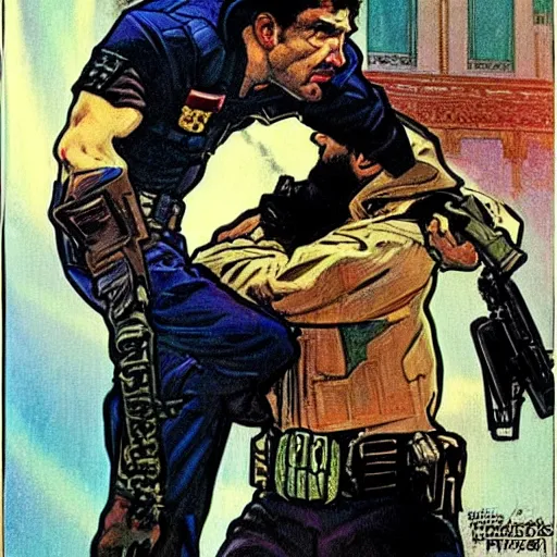 Prompt: The punisher putting a cop in a headlock. Concept art by James Gurney, Alphonso Mucha. Vivid color scheme.