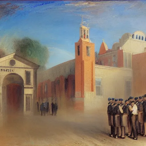 Image similar to istock organic by j. m. w. turner, by okuda san miguel. the mixed mediart of a police station in the lithuanian city of vilnius. in the foreground, a group of policemen are standing in front of the building, while in the background a busy street can be seen.