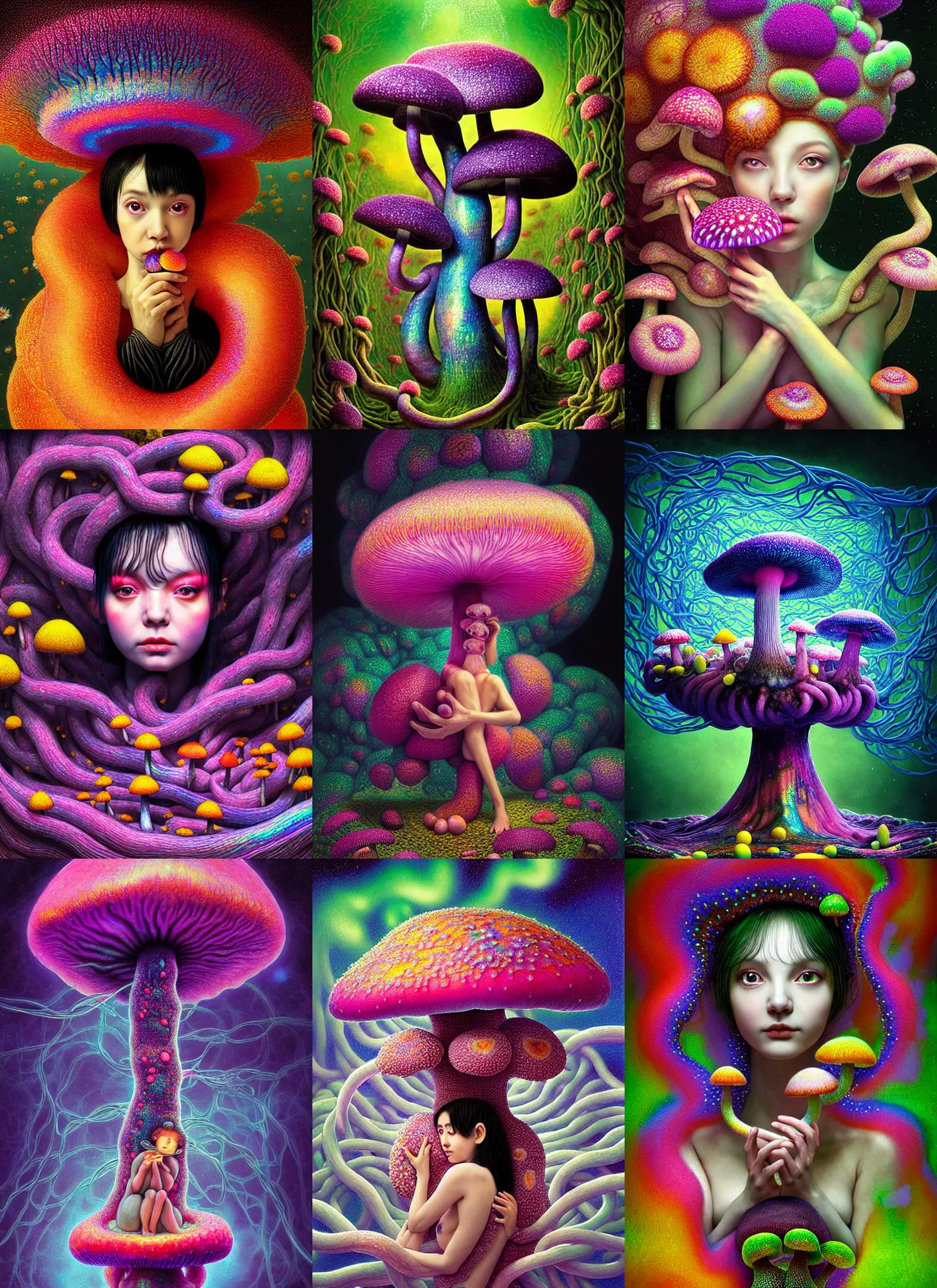 Prompt: hyper detailed 3d render like a Oil painting - kawaii portrait Aurora (black haired mushroom Fae) seen Eating of the Strangling network of yellowcake aerochrome and milky Fruit and Her delicate Hands hold of gossamer polyp blossoms bring iridescent fungal flowers whose spores black the foolish stars by Jacek Yerka, Mariusz Lewandowski, Houdini algorithmic generative render, Abstract brush strokes, Masterpiece, Edward Hopper and James Gilleard, Zdzislaw Beksinski, Mark Ryden, Wolfgang Lettl, hints of Yayoi Kasuma, octane render, 8k