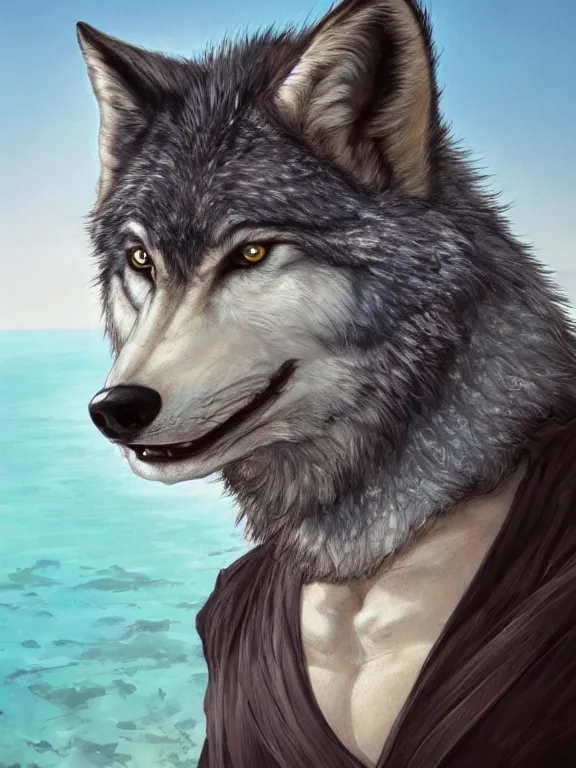 Image similar to 3/4 headshot of cute anthro wolf man, handsome, fantasy, intricate, long muzzle, wolf ears, fursona, black fur, elegant, highly detailed, digital painting, artstation, concept art, smooth, sharp focus, illustration, art by artgerm and greg rutkowski and alphonse mucha bright Maldives beach in background