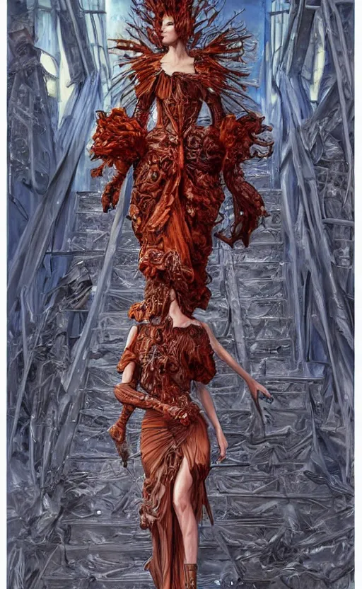 Image similar to fashion model walking down a catwalk, elaborate dress by alexander mcqueen, art by michael whelan and chris moore and howard david johnson and tim white and dan giancola