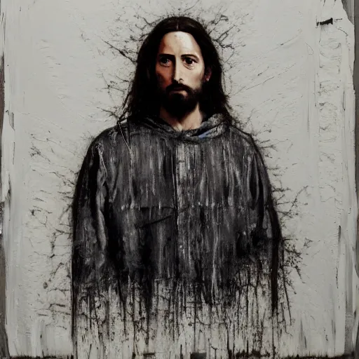 Image similar to a portrait of jesus wearing hypebeast streetwear by nicola samori, oil painting, realistic, 8 k, fear of god style