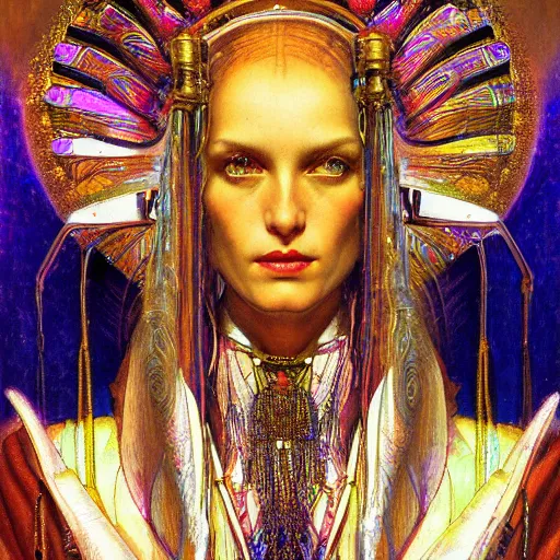 Prompt: renaissance portrait of an iridescent art deco machine priestess, reflective detailed textures, highly detailed fantasy science fiction painting by moebius, norman rockwell and william holman hunt. modern industrial shaman, rich colors, high contrast. artstation