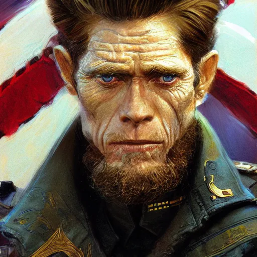 Prompt: Willem Dafoe as a soldier, closeup character art by Donato Giancola, Craig Mullins, digital art, trending on artstation