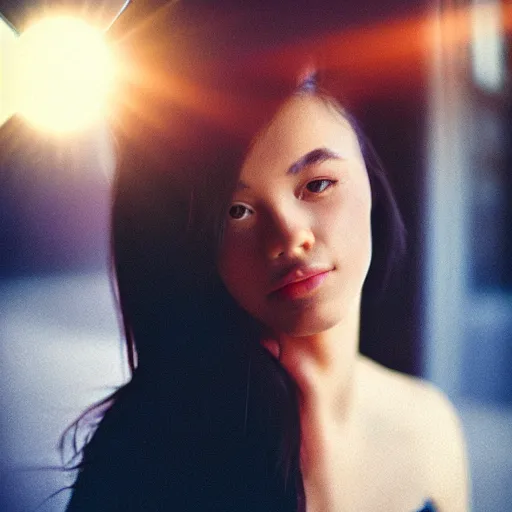 Prompt: professional studio portrait of a beautiful young woman, lens flare, glow filter, 5 0 mm f 1. 4 fuji 4 0 0 h