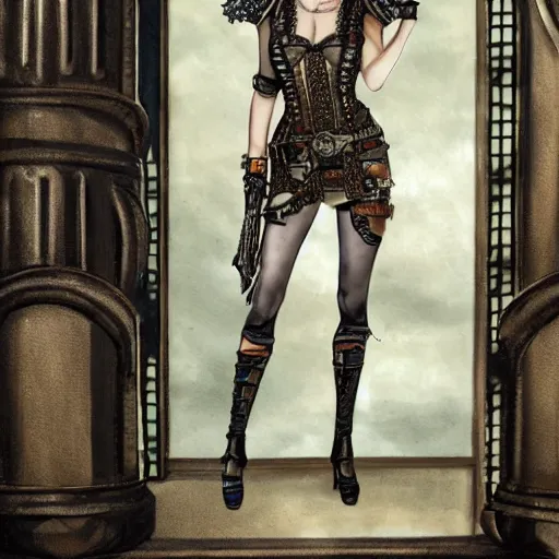 Image similar to Milla Jovovich in detailed steampunk dress, smooth, sharp focus, illustration, realistic, cinematic, 8k,