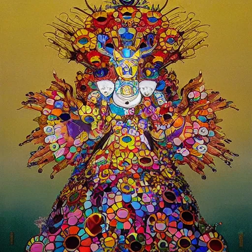 Prompt: the queen's true form by takashi murakami and zdzisław beksiński, full body, oil on canvas, intricately detailed artwork, full 8k high quality resolution, recently just found unknown masterpiece