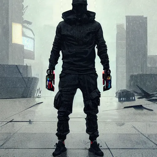Image similar to A broad shouldered, muscular man in an Acronym techwear outfit, Acronym P31-ds pants, high quality, digital art, dire cyberpunk city, gray sky, neon signs in background, greg rutkowski