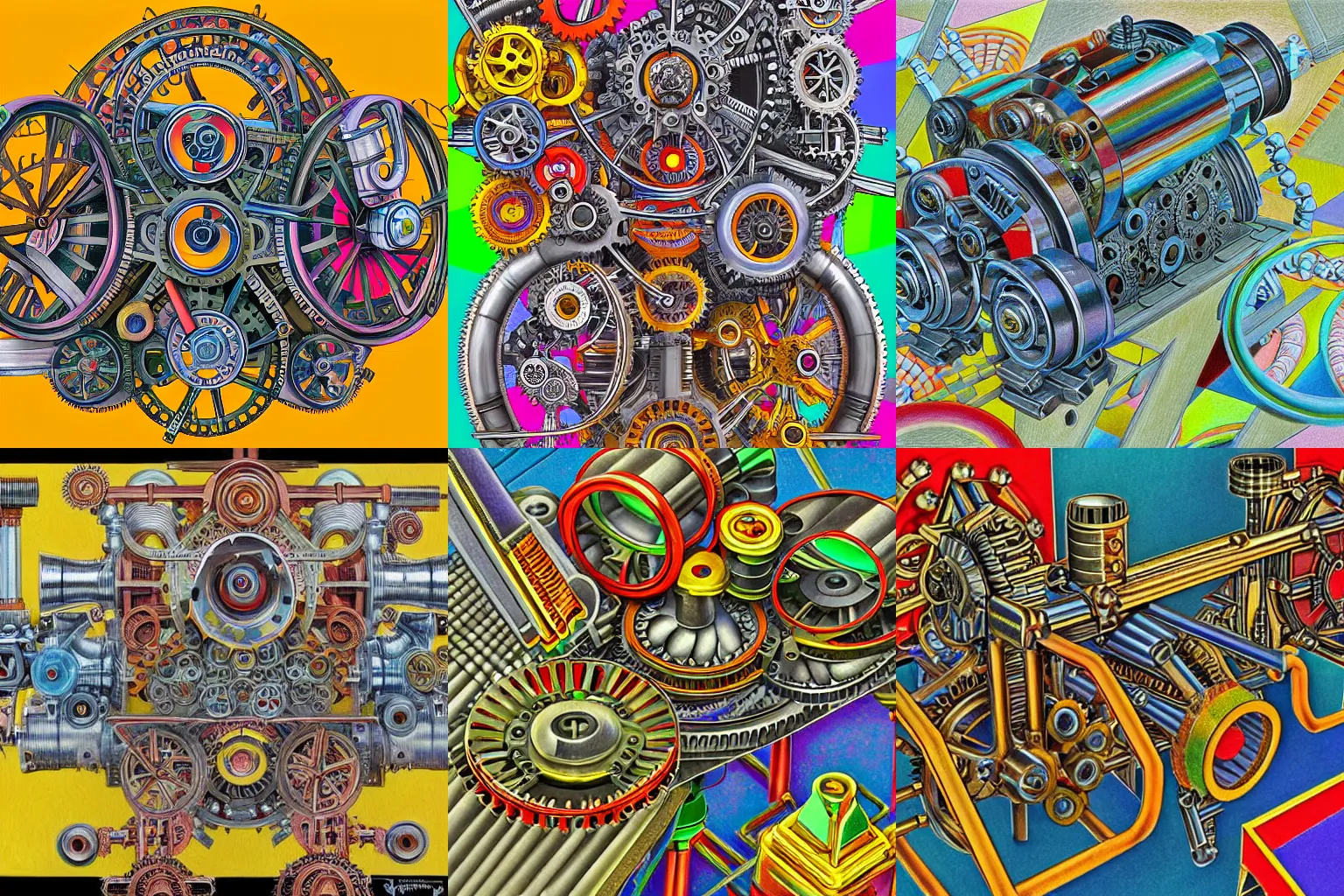 Prompt: a complicated time travel machine engine contraption with sprockets springs cranks cylinders hoses pistons, high detail, intricate abstract, detailed abstract, isometric, optical illusion, cubism, color pencil, bright colors, vivid colors, hyper detailed, high resolution, artstation, a tiny bit of M.C. Escher