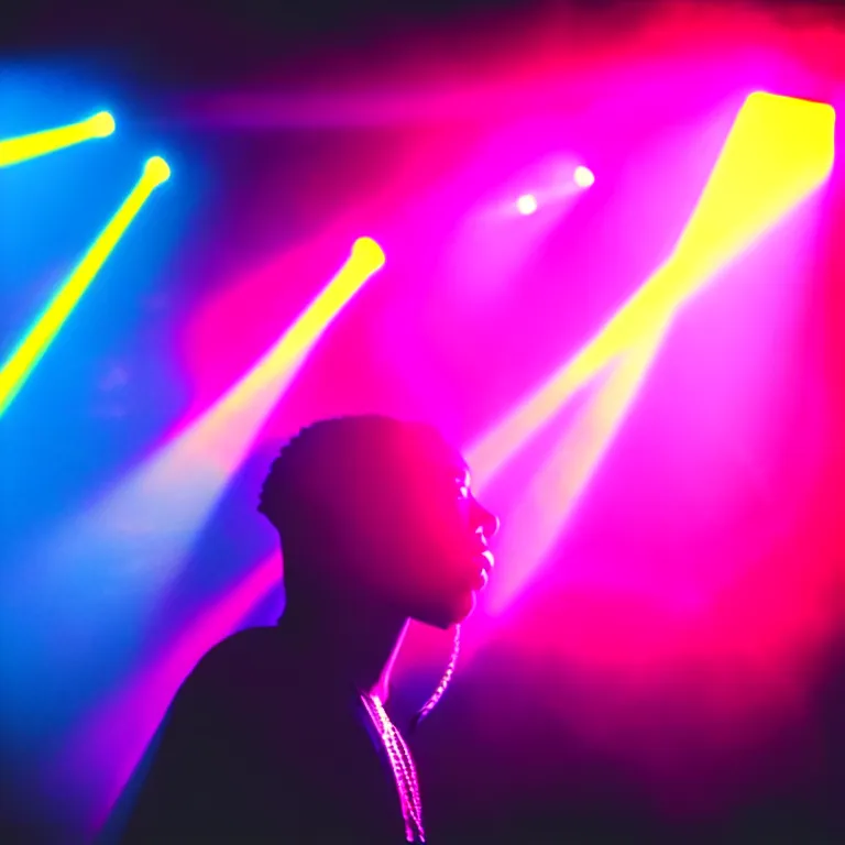 Image similar to rapper using microphone, epic angle, profile view, silhouetted, distinct, psychedelic hip-hop, laser light show, beams of light