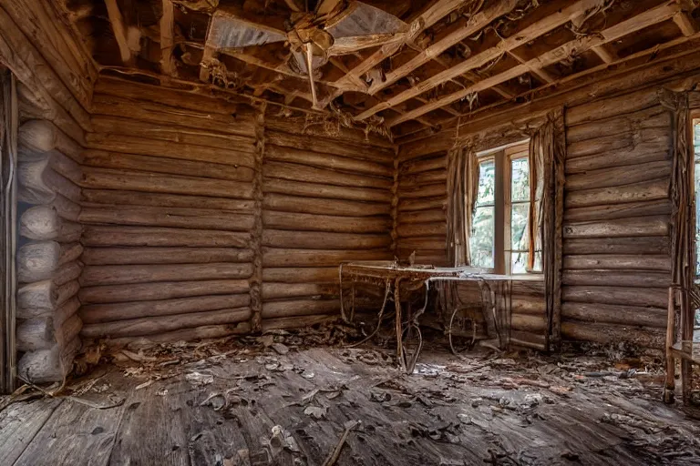 Image similar to a film production still, 2 8 mm, wide shot of a cabin interior, wooden furniture, cobwebs, spiderwebs, dynamic volumetric lighting, abandoned, depth of field, cinematic