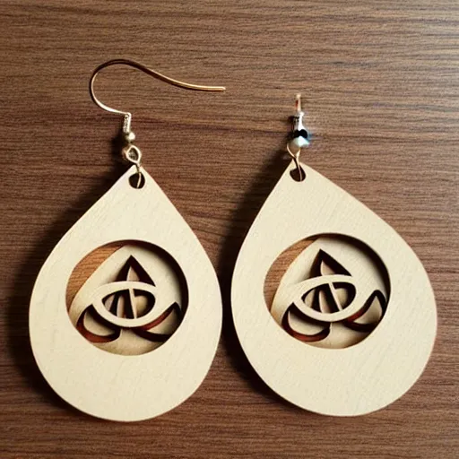 Image similar to 2 d wood lasercut earrings, mystical symbols, 8 k, hd, trending on artstation, trending on deviantart, trending on etsy, epic digital art