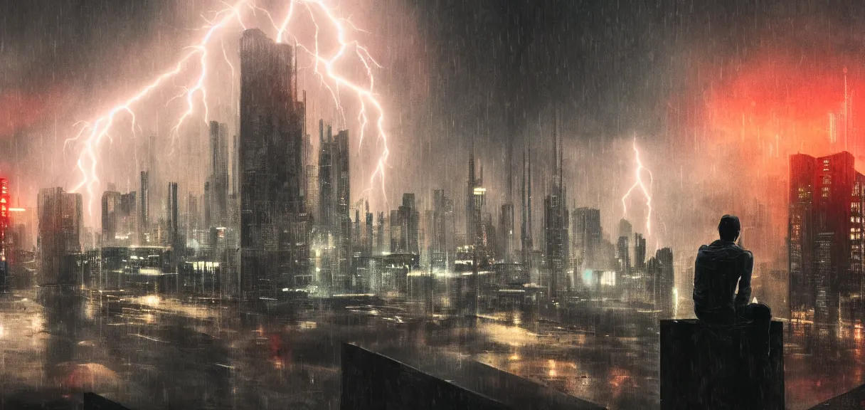 Image similar to shot of the roof with single man sitting on the edge during rain, below impressive cyberpunk night city during great rainy storm with lightning, nightscape, futuristic architecture, realistic photo, neons, blade runner, akira style, cinematic lighting, cinematic angles