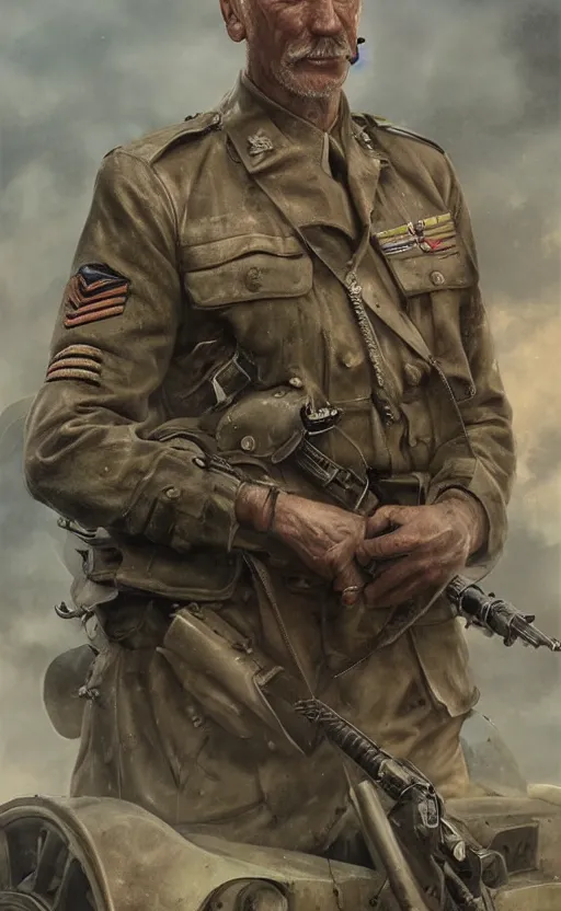 Prompt: Portrait of a WWII tank commander, male, detailed face, 20th century, highly detailed, cinematic lighting, digital art painting by greg rutkowski