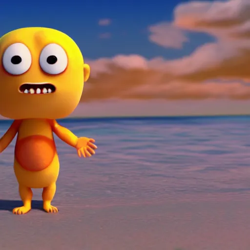 Prompt: final render made with blender of a cute yellow and orange kawaii baby demon with slow eyes and little fangs standing on a beach, by pixar and studio ghibli