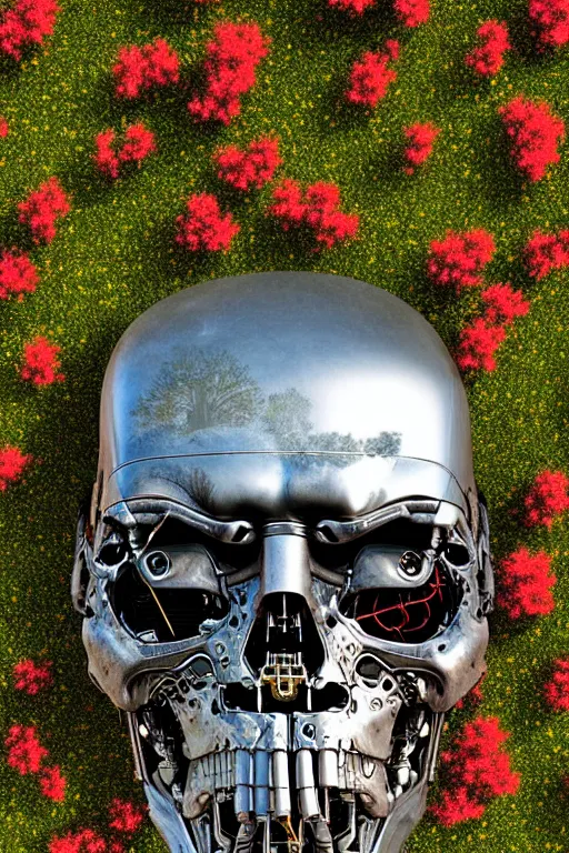 Image similar to destroyed combat terminator lying in a field of flowers, twisted metal, chrome, reflections, earth, terrible, anthropomorphic, photorealism, smoke, metal, 8 k, surreal, wires, wild flowers, greenery, top view, extremely detailed, ultra - realism, cinematic light, epic, art by jeff koons, artgerm and greg rutkowski