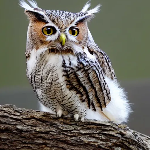 Prompt: winged cat owl hybrid perched on a tree