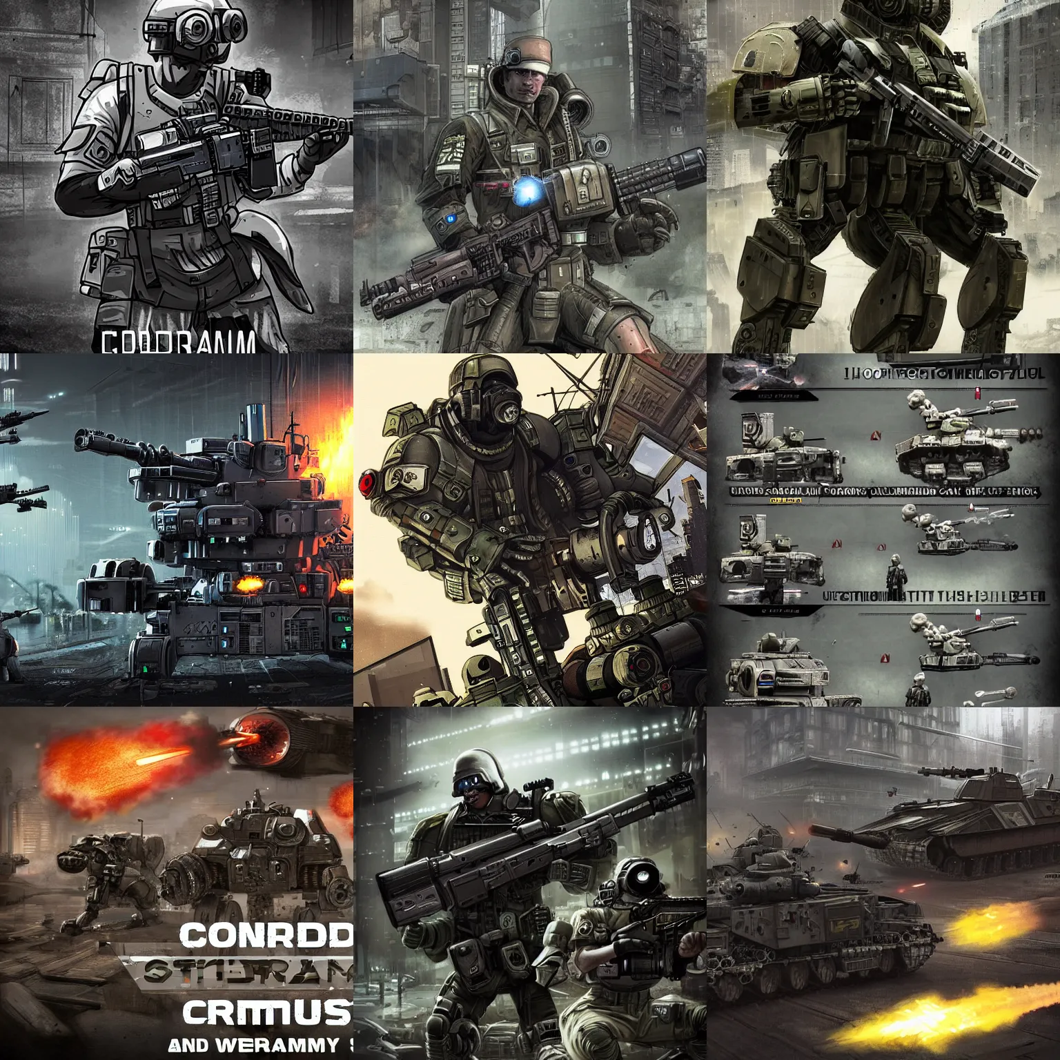 Prompt: combined arms urban combat. cyberpunk, dieselpunk. mechanised warfare, gritty sci - fi