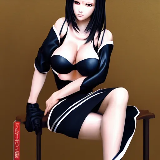 Image similar to 8K photorealistic Portrait of Nyotengu of DOA6 in HighSchool uniform, sitting on a chair, wide open wings, intricate, whole body, highly detailed, digital painting, artstation, concept art, smooth, sharp focus, illustration, art by Hajime Sorayama