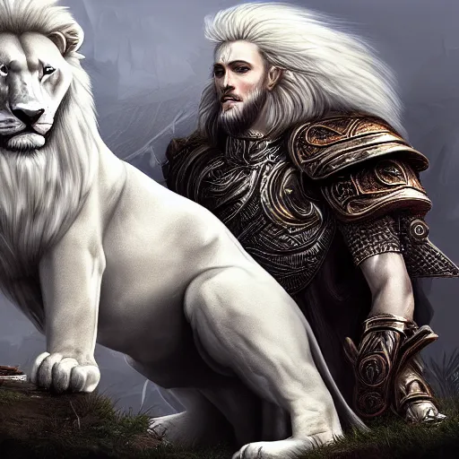 Image similar to an image of Godfrey the first Elden Lord posing with a white lion after the battle, photorealistic, Artstation, digital art, high contrast, sharp focus