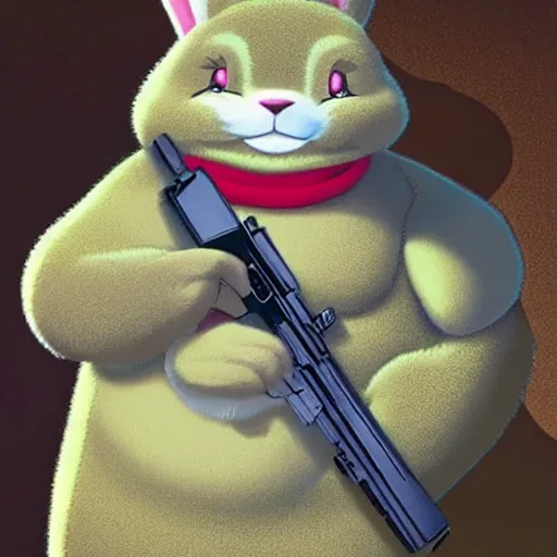 Image similar to fuzzy big chungus holding two mac - 1 0 s, shooting into the sky