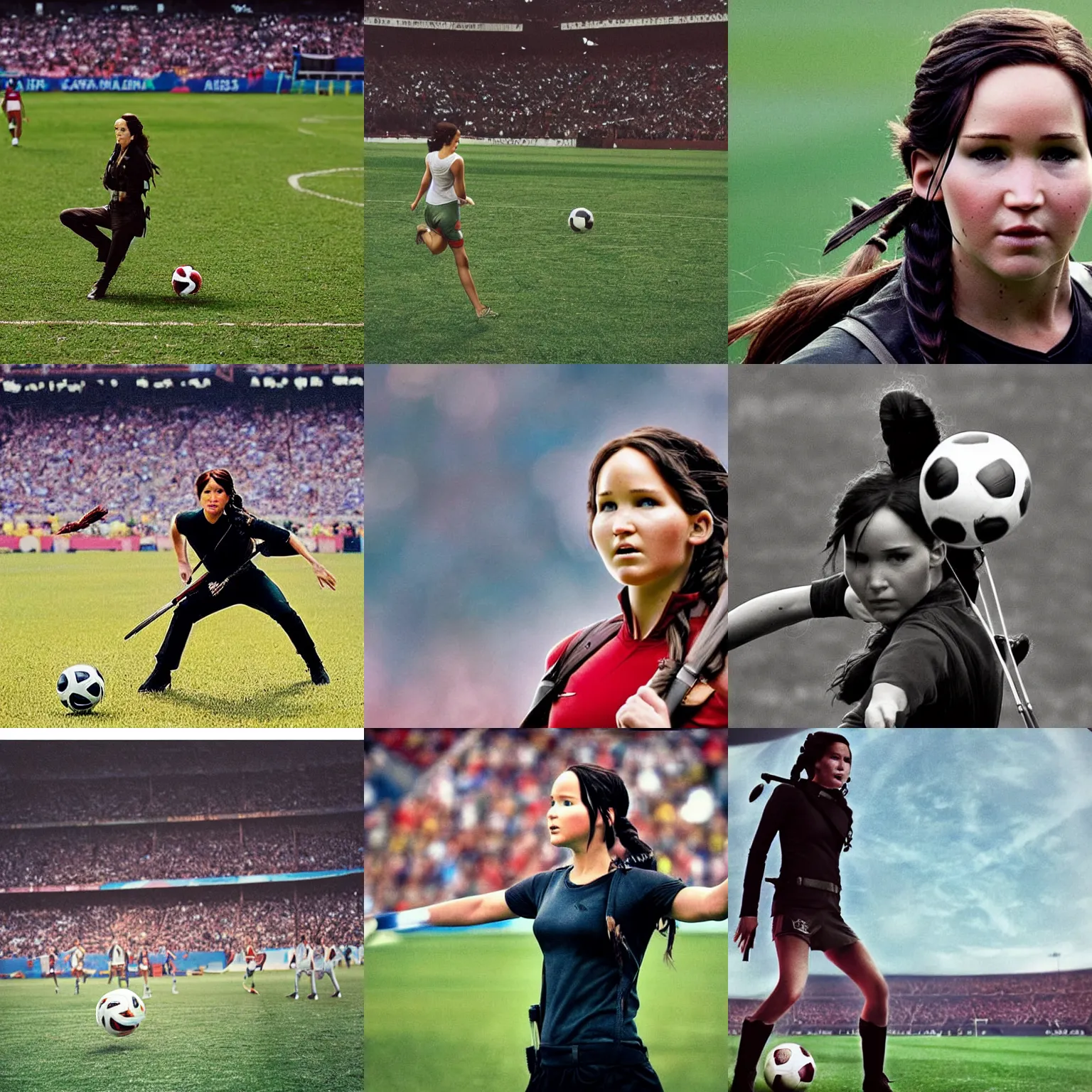 Prompt: Katniss Everdeen about to kick a ball into a goal, at the World Cup, zoomed in, telephoto lens, high shutter speed, candid portrait photography by Annie Leibovitz