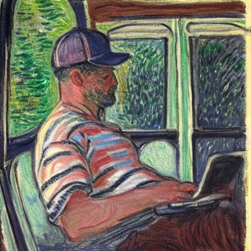 Prompt: guy with baseball hat and striped shirt siting in a bus and looking at his smartphone by monet