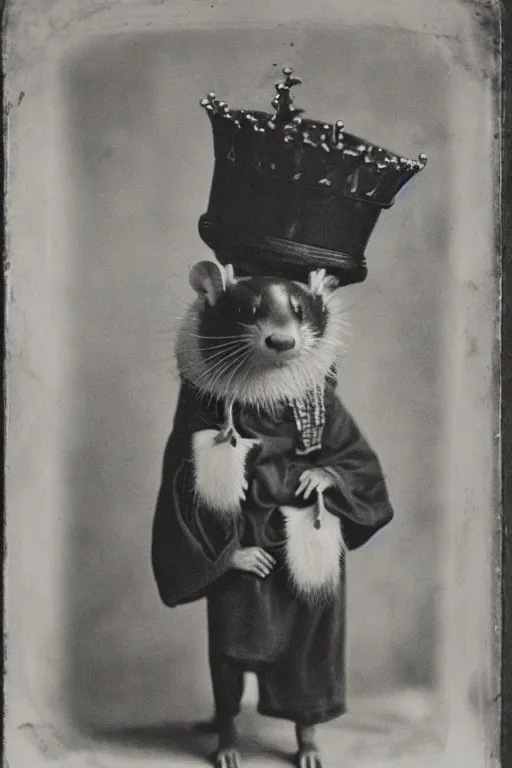 Image similar to a magnificent wet plate photo of a ferret king, wearing a crown, wearing a robe