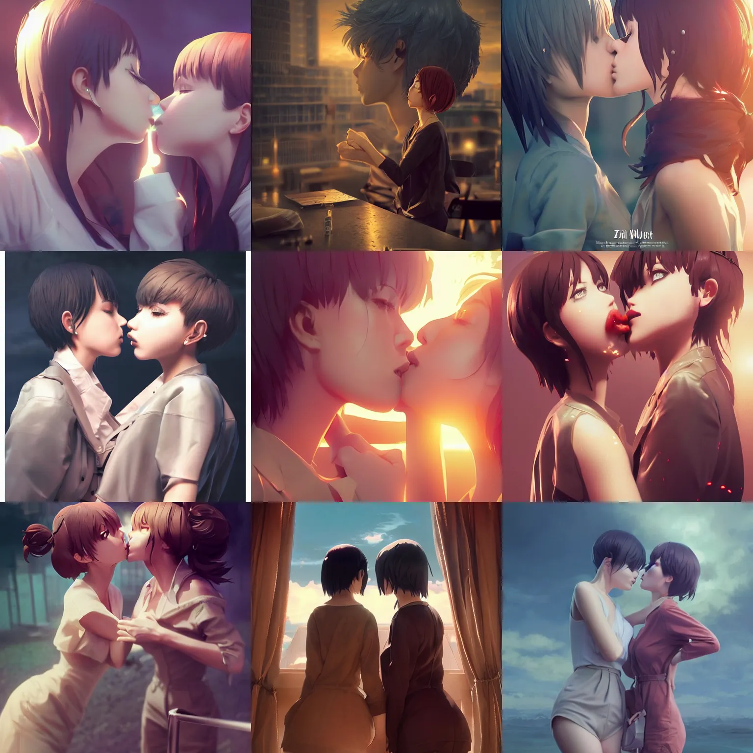 Prompt: worksafe. instagram photo. insanely detailed. by wlop, ilya kuvshinov, krenz cushart, greg rutkowski, pixiv. zbrush sculpt, octane, maya, houdini, vfx. two anime girls kiss. in luxury advertisement. cinematic dramatic atmosphere, sharp focus, volumetric lighting