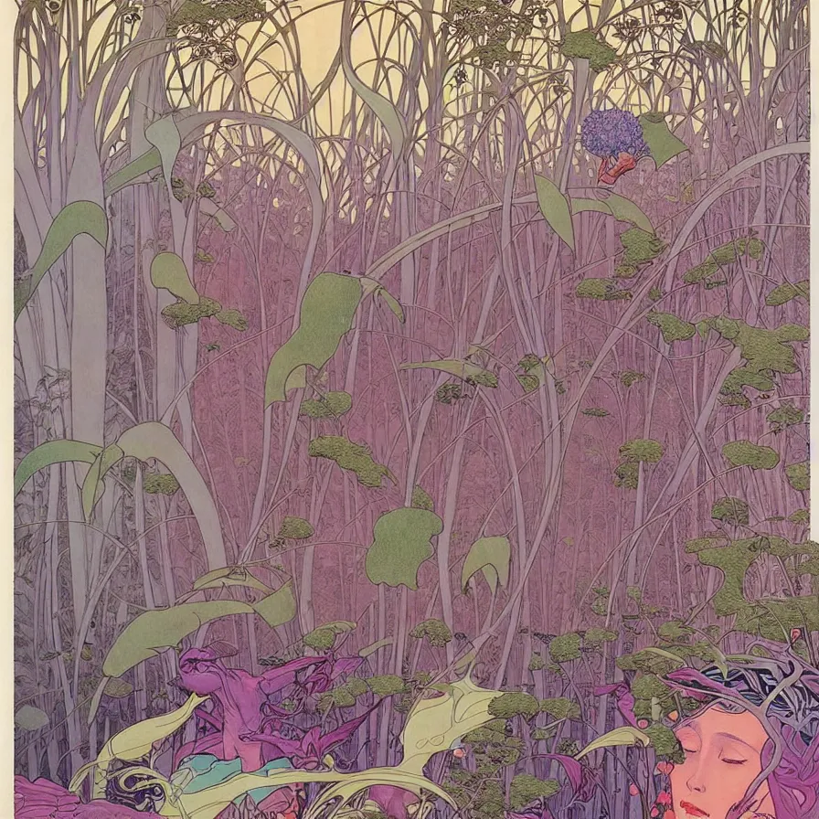 Prompt: ( ( ( ( beautiful strange forest and flowers surrounded by an art nouveau style frame ) ) ) ) by mœbius!!!!!!!!!!!!!!!!!!!!!!!!!!!, overdetailed art, colorful, record jacket