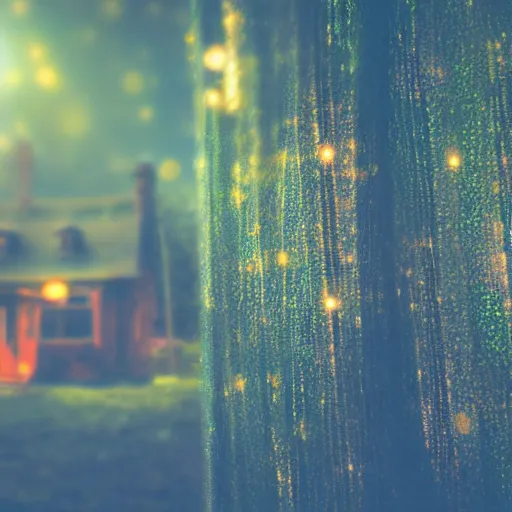 Image similar to specs of light, iridescent bokeh, abandoned cottage