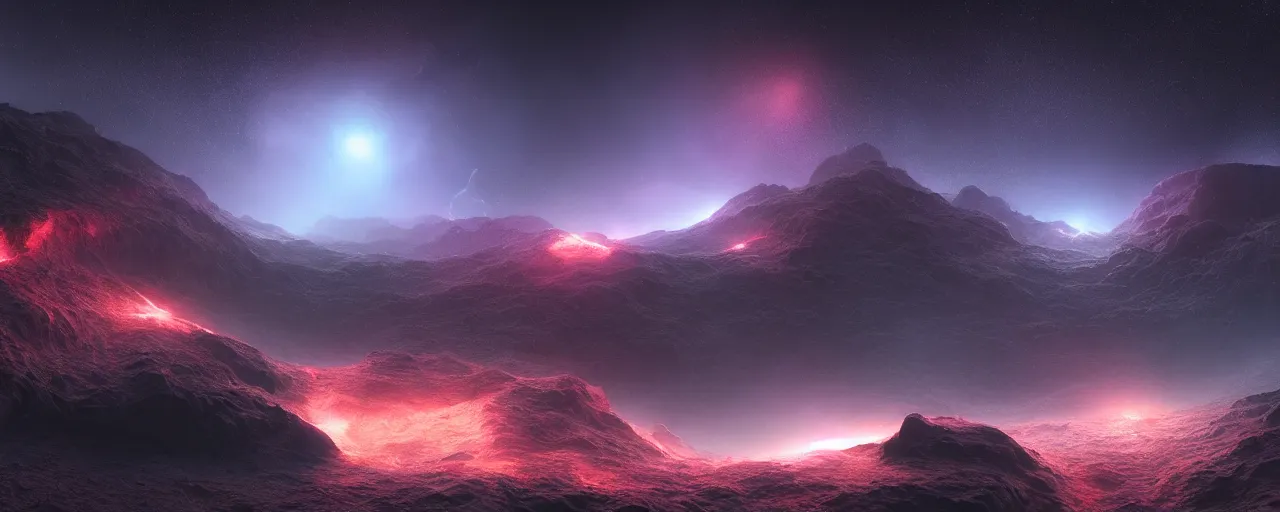 Prompt: dark galaxy panorama, fluid simulation, realistic lighting, dynamic lighting, space hive, octane render, houdini simulation, volumetric lighting, chiaroscuro, minimalist, color graded, cinematic lighting, deep, cinematic, bokeh, cinematic lut, by wayne barlowe